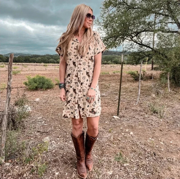 New! Cowboy Rodeo Western Print Button Down Short Sleeve Dress - Picture 4 of 5